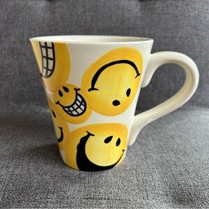 Smiley Face Emoji Covered Coffee Mug, Yellow, White, 15 oz